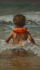 Fototapeta premium Child with Water Wings Swimming at the Beach - Perfect for Summer Vacation Designs