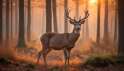 Beautiful cute deer standing in sunrise forest