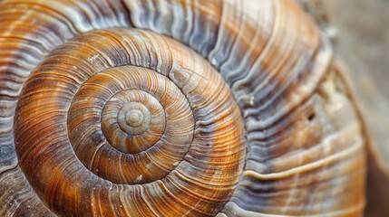 A closeup image of a snail shell, showcasing its intricate brown spiral pattern and texture.