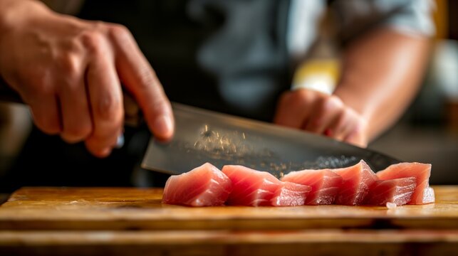 Chef slicing fresh tuna sashimi on a wooden board with a sharp knife in a kitchen.