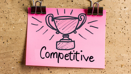 Pink note with the word "Competitive" and a trophy sketch clipped on a corkboard representing ambition and drive.