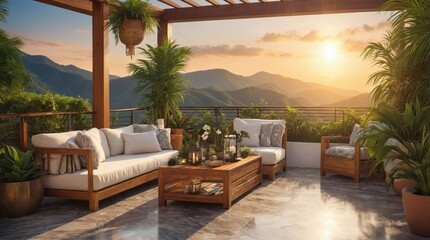 Luxury marble terrace around green exotic plants