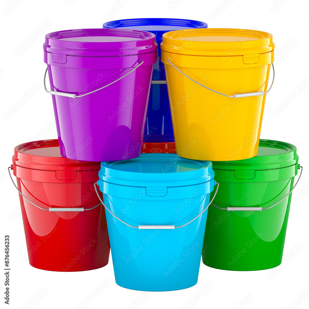 Poster heap of colored plastic paint buckets, 3d rendering isolated on transparent background
