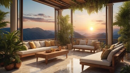 Luxury marble terrace around green exotic plants