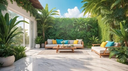 Fototapeta premium Luxury marble terrace around green exotic plants