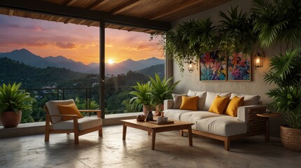 Living room in gray tones with retro furniture and decorations in bright colors