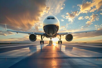 Commercial jetliner taking of runway. Modern and fastest mode of transportation. Dramatic sunset sky on background