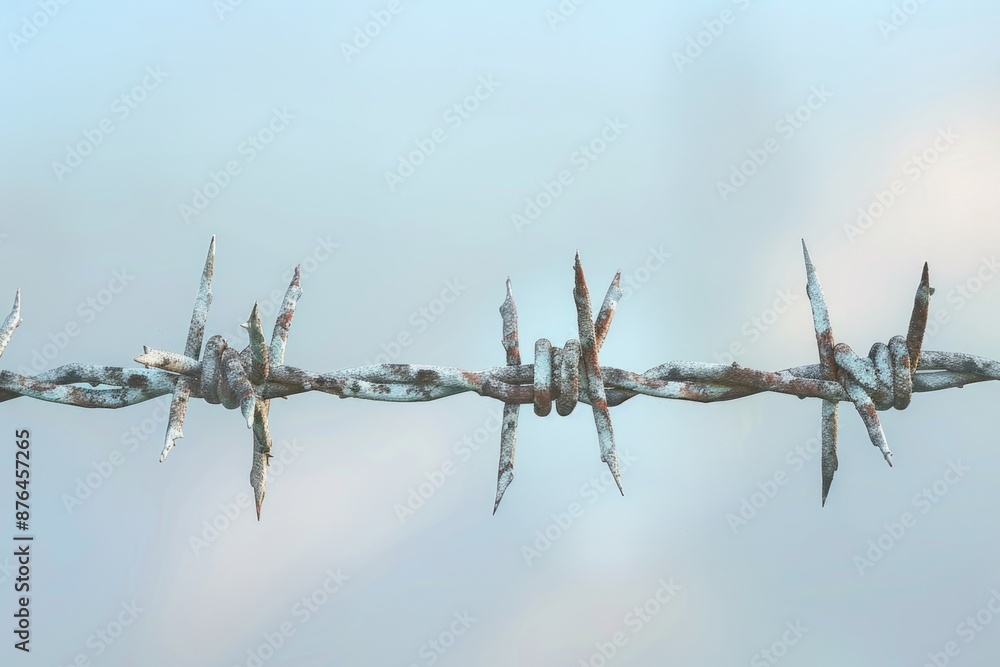 Poster A bird sits on the top of barbed wire, surrounded by open space