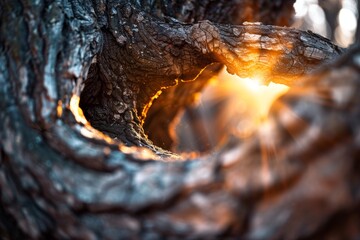 Naklejka premium Magical Sunlight Through Heart-Shaped Tree Trunk - Nature's Beauty and Tranquility for Posters, Cards