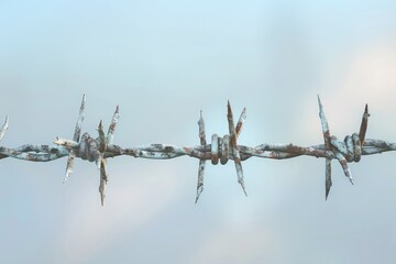 Obraz premium A bird sits on the top of barbed wire, surrounded by open space