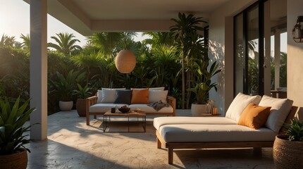 Fototapeta premium Luxury marble terrace around green exotic plants