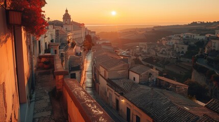 Obraz premium Sunrise at the old baroque town of Ragusa Ibla in Sicily. Historic center called Ibla builded in late Baroque Style. Ragusa, Sicily, Italy, Europe. 
