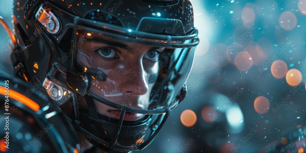 Poster close-up of a futuristic helmeted figure with bokeh background. sci-fi and technology concept. banne