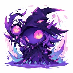 Adorable purple blob wizard casting magic with eyes and staff