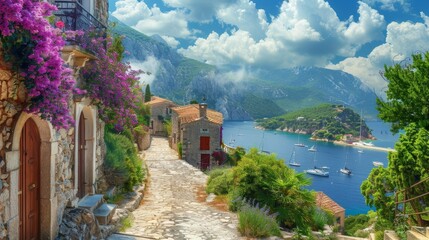 Fototapeta premium Serenity in the Mediterranean Charming stone houses vibrant flowers and azure sea under a bright blue sky captured with Canon EOS 5D Mark IV 2470mm lens