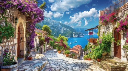 Fototapeta premium Serenity in the Mediterranean Charming stone houses vibrant flowers and azure sea under a bright blue sky captured with Canon EOS 5D Mark IV 2470mm lens