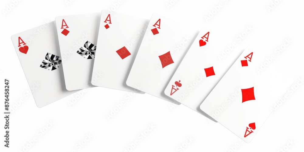 Poster Close-up shot of four playing cards on a white surface, great for use in various contexts such as gaming, education or design