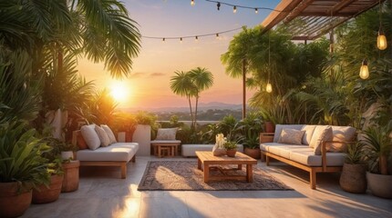 Luxury terrace in exotics, minimalist vintage style