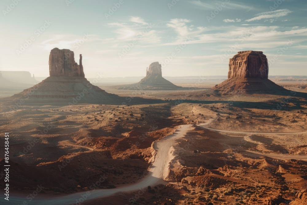 Poster a serene desert landscape with a river flowing through it