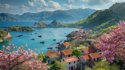 Fototapeta premium Serene Coastal Haven Traditional Village with RedTiled Roofs Blossoming Flowers and Turquoise Waters Nikon D850 35mm Lens
