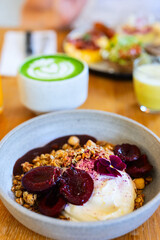 Breakfast with fresh fruits and yoghurt