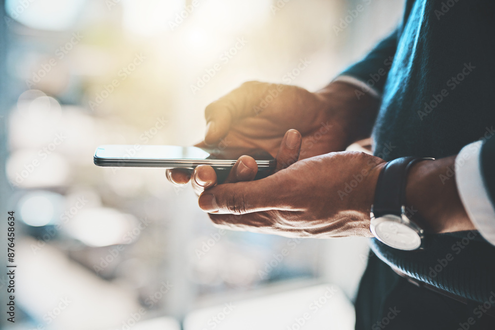 Poster Business, man and typing on smartphone or hands, email and social networking with virtual clients on message app. Online conversation, office and internet browsing, company website and communication