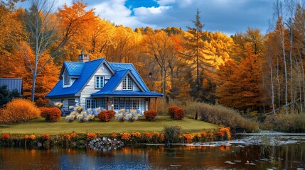 Obraz premium Tranquil Autumn Escape Charming Cottage in Vibrant Forest Setting