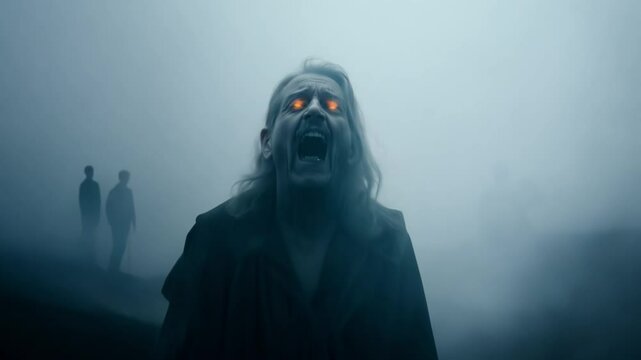 A woman in a black cloak stands in a foggy field. The fog is thick and the woman is looking at something in the distance. Scene is eerie and mysterious