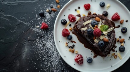 Chocolate brownie cake on a white plate with blueberries, raspberries and nuts topping