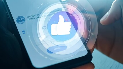 A person is holding a cell phone with a blue screen, highlighting the device against the background.