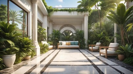 Fototapeta premium Luxury marble terrace around green exotic plants
