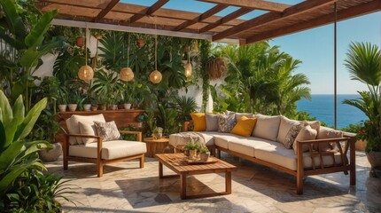 Luxury marble terrace around green exotic plants