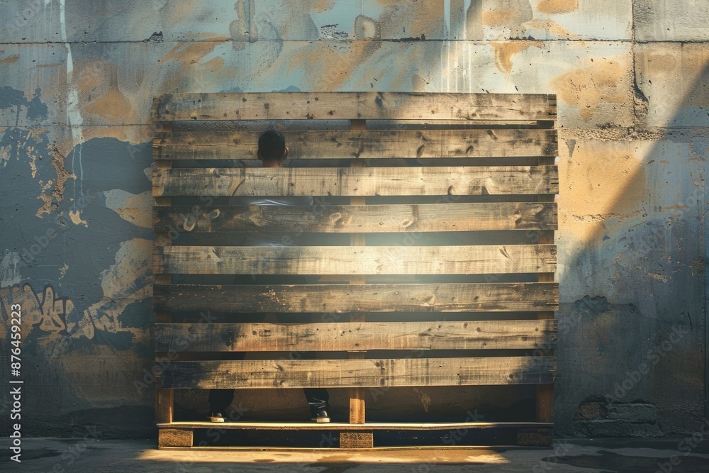 Poster a simple wooden bench sitting against a wall, suitable for use as a decorative element or in an inte
