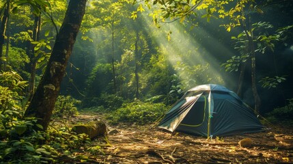 A tent nestled in a dense forest, sunlight filtering through the canopy, rich green foliage around, quiet and secluded atmosphere, sharp photography, - Powered by Adobe