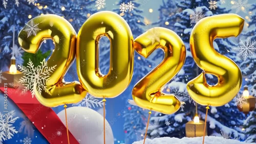 Poster a set of balloons with the numbers 2025 are arranged in a snowy forest, creating a festive atmospher