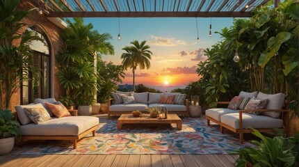 Fototapeta premium Luxury terrace in exotics, minimalist vintage style