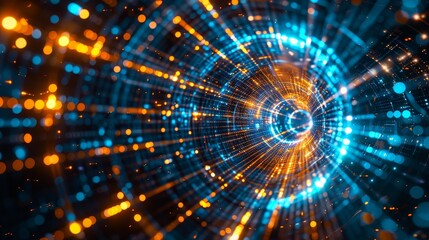 Fototapeta premium Dynamic Digital Network Futuristic Tunnel of Technological Progress and Innovation in Blue and Orange Lights