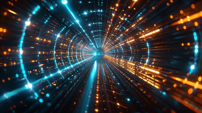 Digital Odyssey Illuminated Futuristic Tunnel of Innovation and Progress Vibrant Blue and Orange Lights in Dynamic Motion Nikon Z6 35mm Lens for Sharp Detail