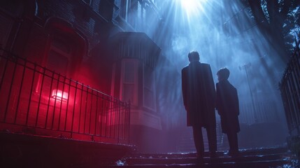 A  scene from a psychological thriller movie.Man and boy at night 