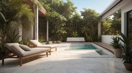 Luxury marble terrace around green exotic plants