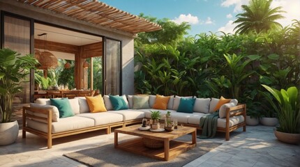 Luxury marble terrace around green exotic plants