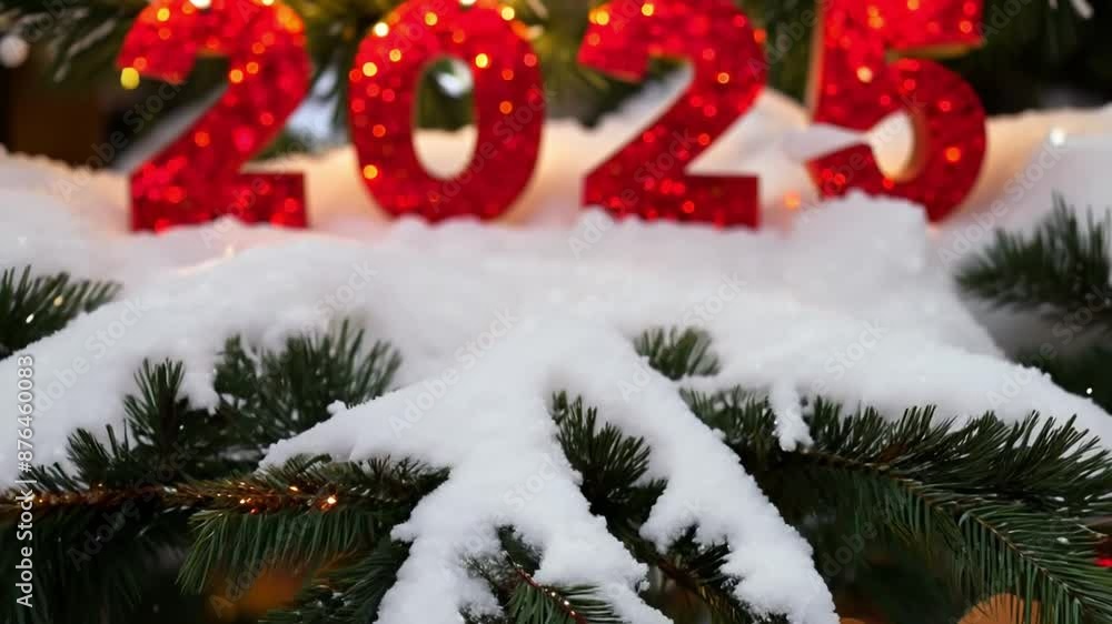 Poster a tree with snow on it and a light shining on it. the light is creating a warm and cozy atmosphere