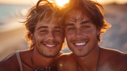 Portrait of cheerful diverse young gay men in casual clothes embracing and looking at camera