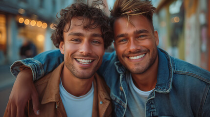 Portrait of cheerful diverse young gay men in casual clothes embracing and looking at camera