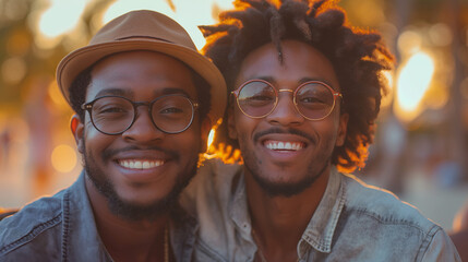 Portrait of cheerful diverse young gay men in casual clothes embracing and looking at camera