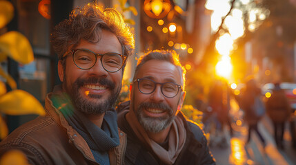 Obraz premium Love, hug and gay couple, men with sky and smile on summer vacation together in Thailand. Sunset, ocean and romance, happy lgbt people embrace in nature on fun holiday with pride, laughing and fun.