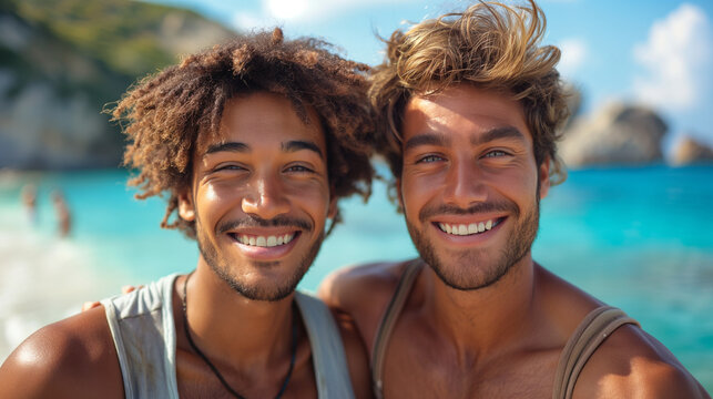 Portrait of cheerful diverse young gay men in casual clothes embracing and looking at camera - Powered by Adobe