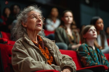 Obraz premium Female acting teacher sitting on audience seats explaining study theater actors stage rehearsal, take, script