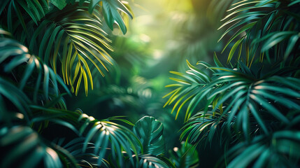 Tropical Palm leaves with sun light. Summer exotic trendy background with place for text	