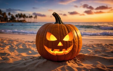 Halloween pumpkin on a sandy beach